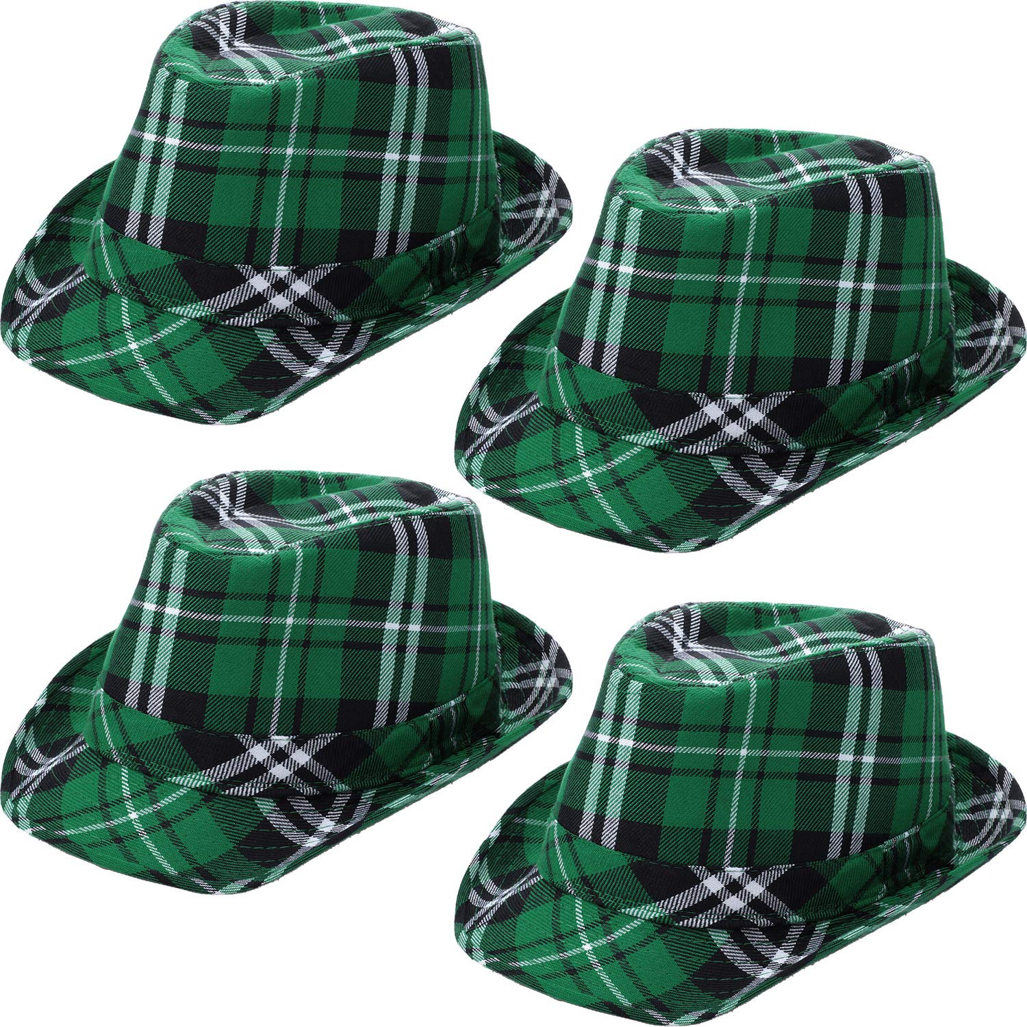 4 Pieces St. Patrick's Day Hat Green Plaid Fabric Fedora Hat Irish Hat Accessories for Party Costume