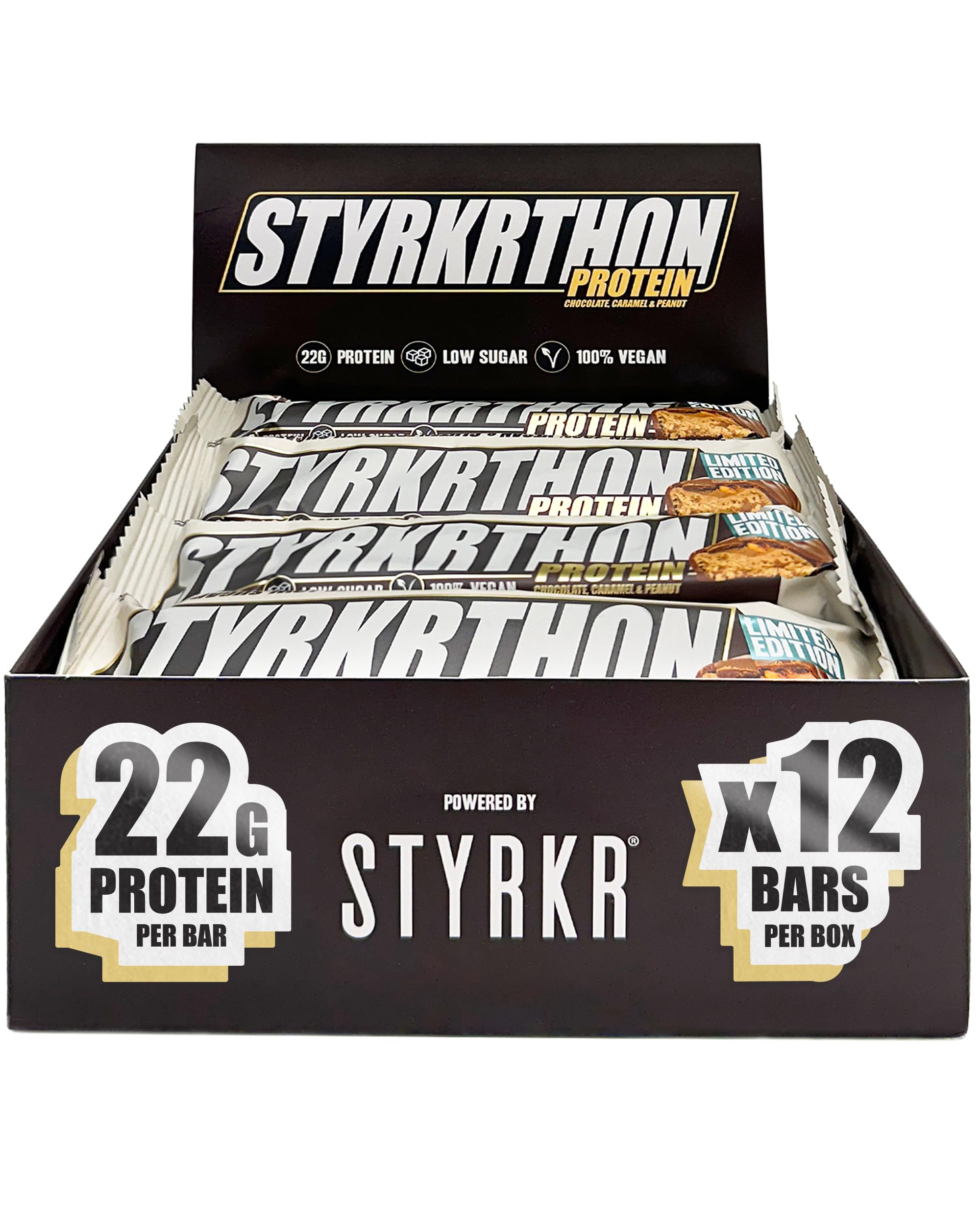 Styrkr Styrkrthon Protein Bars - Pack of 12-23g of Protein - Low Sugar Only 1.6g - Peanut Butter & Chocolate Flavour - Vegan & Gluten Free - Approved by Endurance Athletes - 12x Pack