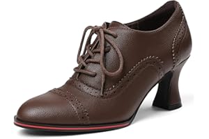Yremael Women's Black Oxfords Dress Wingtip Vintage Comfortable Chunky High Heel Lace Up Brogues Booties