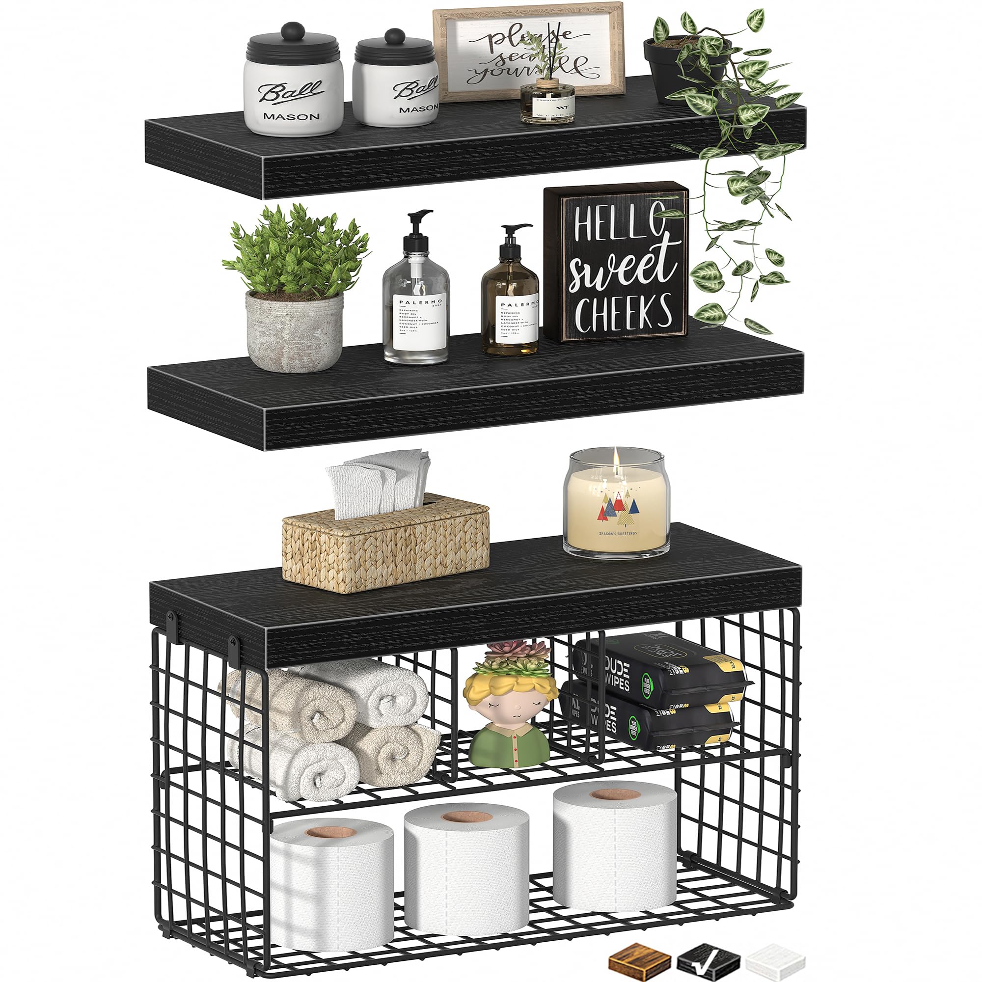 Photo 1 of KLUVIS Bathroom Floating Shelves for Wall - Shelf Over Toilet Storage Small Farmhouse Decor Shelves (15.7 inch, Set of 3, Black)