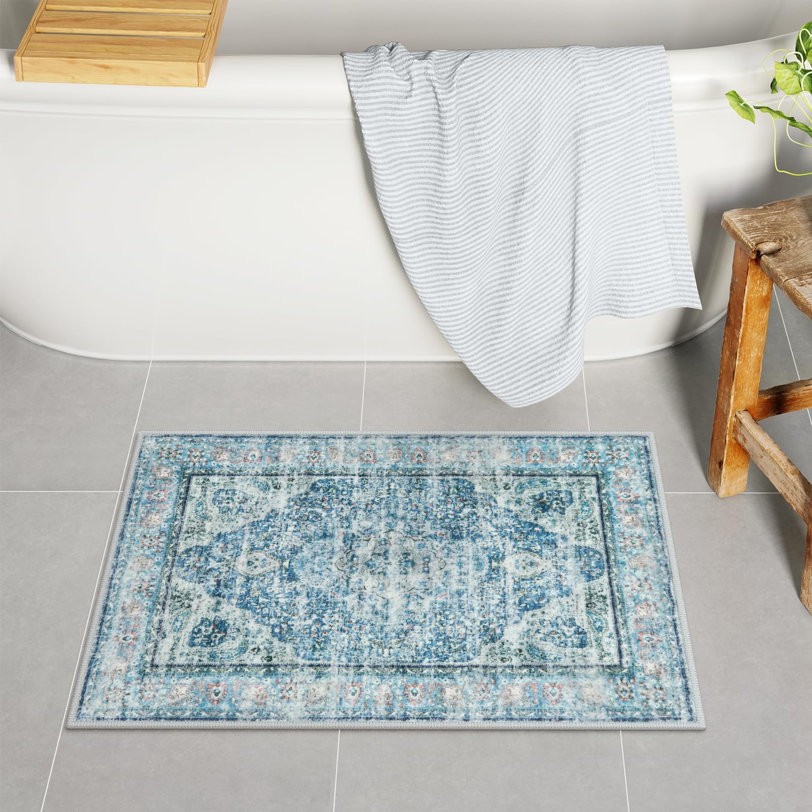 Photo 1 of Uphome Light Blue Bathroom Rugs, Distressed Farmhouse Boho Bath Mat, Comfy Velvet Small Bath Rugs Non Slip Washable, Vintage Oriental Toilet Rug for Sink Shower Vanity, 18x26 inch