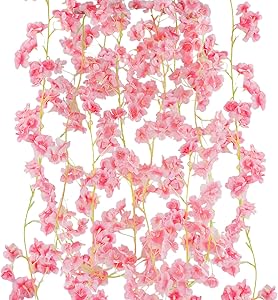 UIEKE 2pcs Artificial Cherry Blossom Flower Vines Hanging Silk Flowers Garland for Wedding Party Bedroom Home Décor Pink