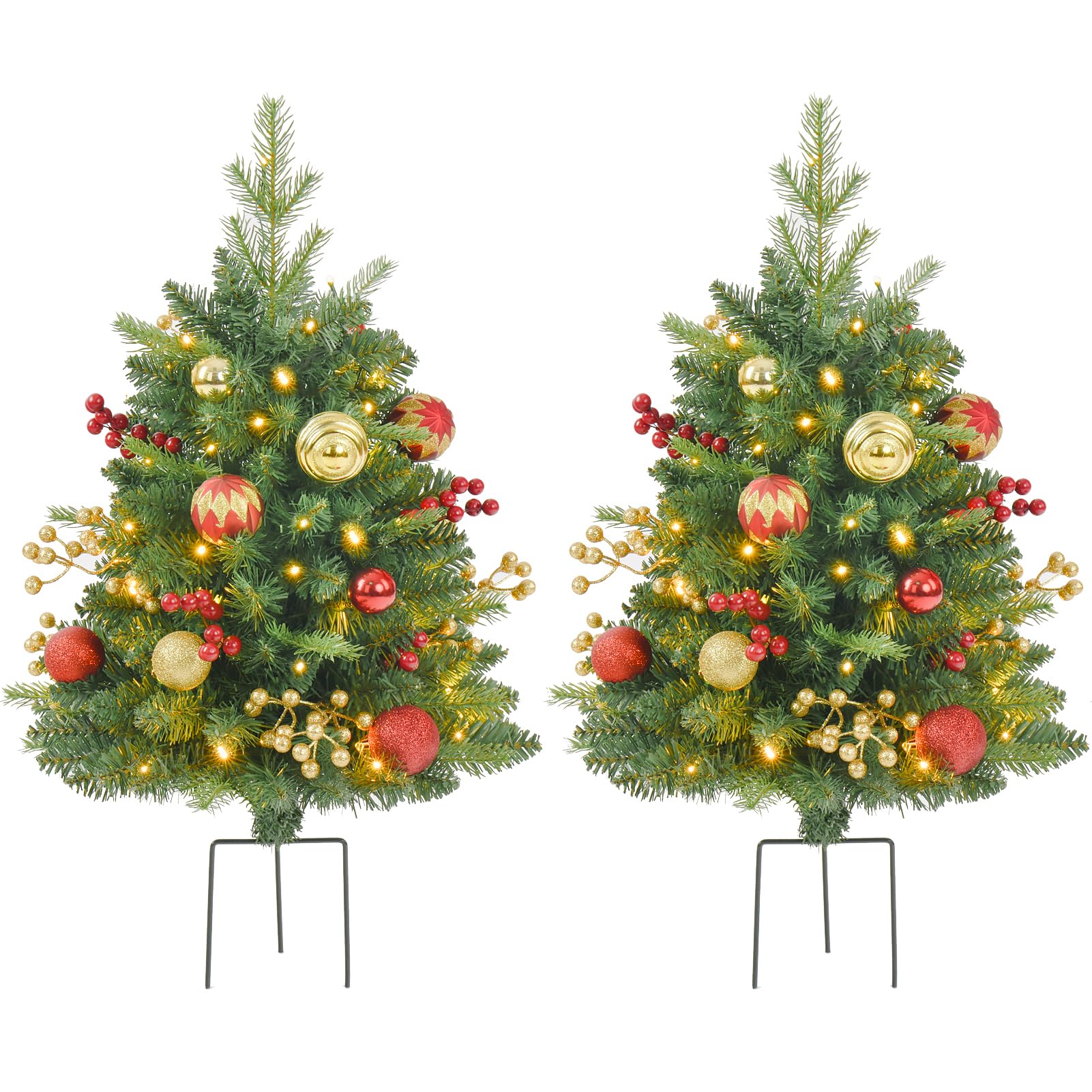 Photo 1 of 2 Pack Prelit Outdoor Christmas Tree 30 Inch, Remote Control Battery Operated with 100 Warm White Multi-Color Changing LED Lights, Small Pre-Decorated Green Xmas Tree for Pathway, Porch