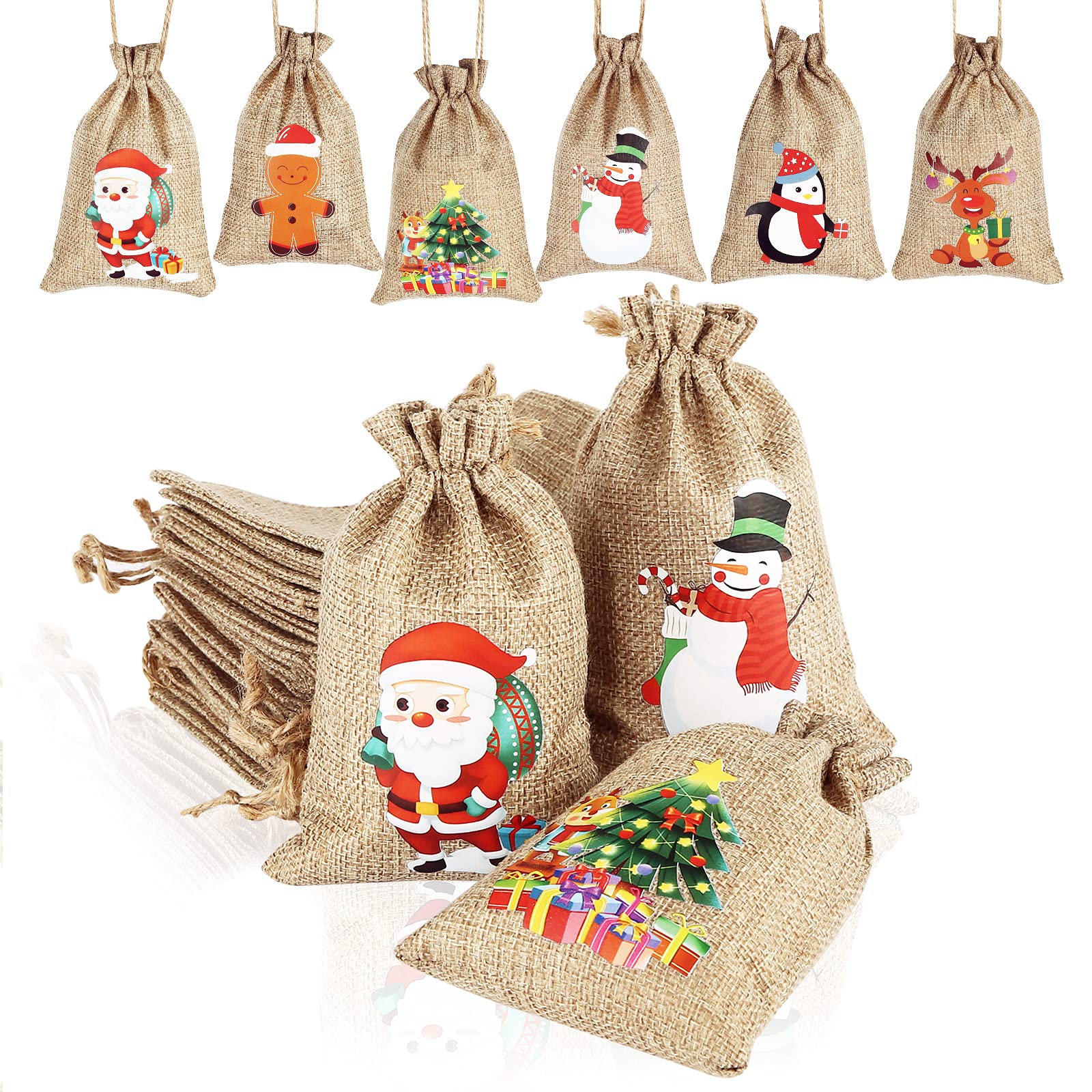 AUERVO 24pcs Christmas Jute Burlap Bags, Xmas Jute Linen Burlap Drawstring Gift Candy Pouch Snack Sack Craft Goodie Bags for kids Xmas Party Favors