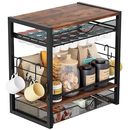 IZLIF Coffee Bar Organizer Countertop Station Shelf - 4 Tier Mug Holder Stand With 4 Hooks, 2 x 35 Capacity K Cup Drawer, Multifunctional Shelf for Accessories Kitchen