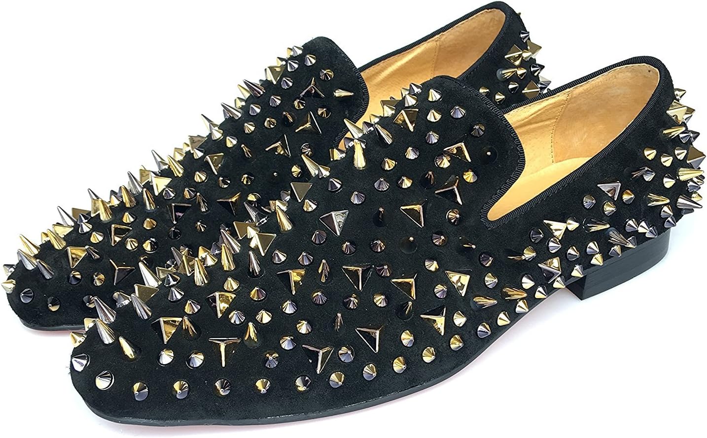 Justyourstyle Men's Black Leather Loafers Slippers with Gold Spikes Dress Shoes Slip-On Flats Party Shoes