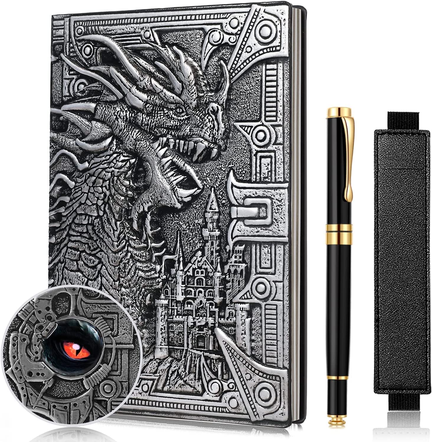 UMiWEi Vintage Dragon Embossed Leather Notebook DND Notebook Travel Journal with Ballpoint Pen and Pen Sleeve Antique Handmade A5 Journal,Hardcover Liner,Writing Notebook Gift for Men Women