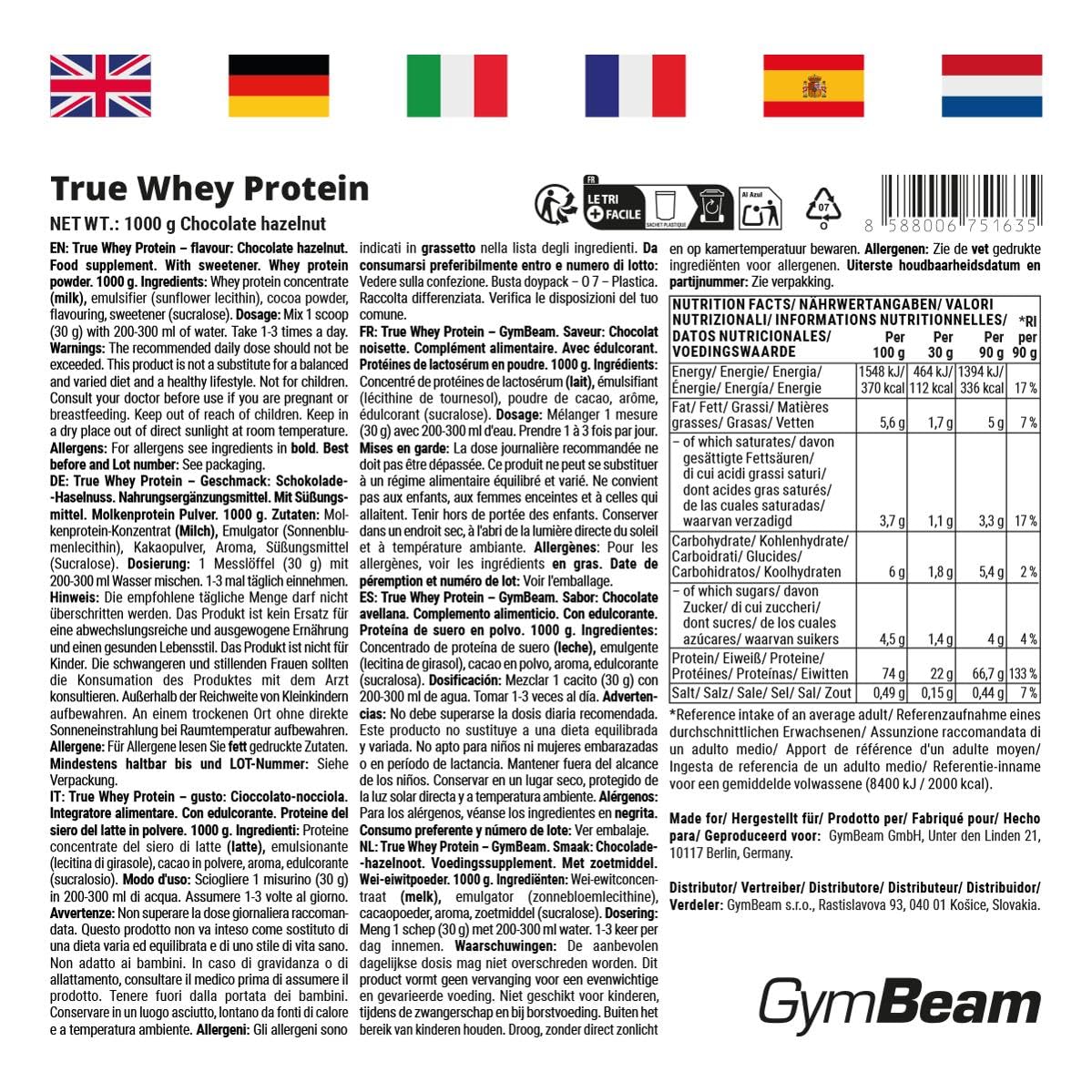 True Whey Protein Pulver (WPC Eiweißpulver) – schonend filtriert, bis zu 23 g Eiweiß für den Muskelaufbau, hohe biologische Wertigkeit, Aminosäuren – GymBeam (1000 g, Schokolade Haselnuss) 3