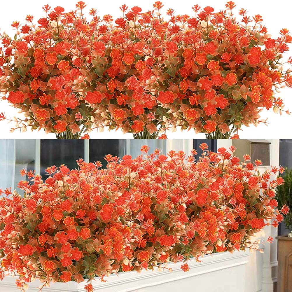 Ruiuzioong Artificial Fake Flowers, 4Pack Outdoor UV Resistant Greenery Shrubs Plants Indoor Outside Hanging Planter Home Garden Décor (Autumn red)