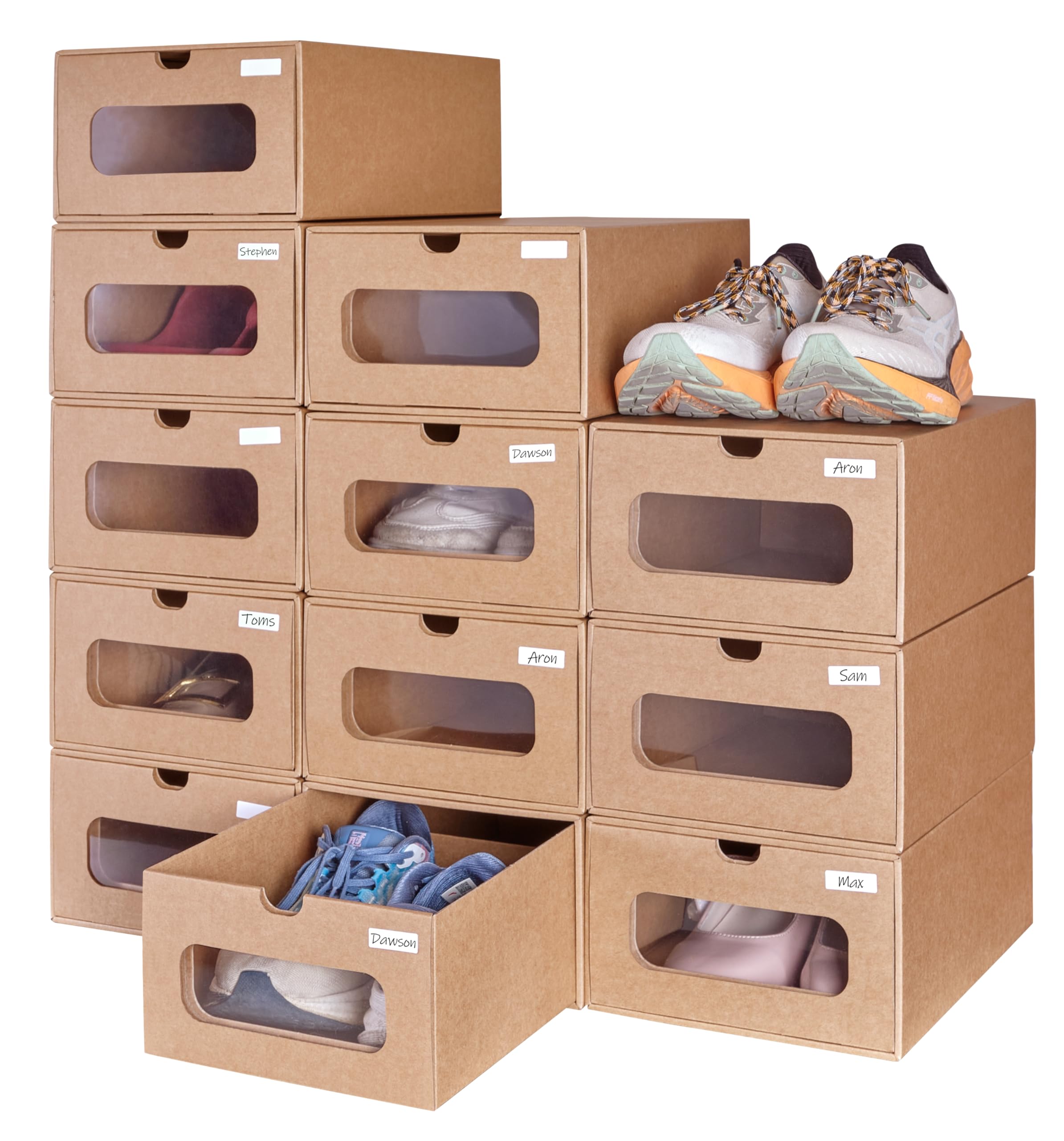 Photo 1 of 12 Pack Shoe Storage Bins, Waterproof Storage Boxes, Shoe Containers For Sneaker Display, Hat Organizer, Stack-able Cardboard Boxes, with Marking Labels, Transparent Window(13.2'' x 8.3'' x 5.1'')