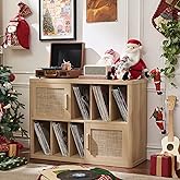 LEYAOYAO Large Record Player Stand with Vinyl Storage Up to 450 Albums, Wood Rattan Boho Record Storage Accent Cabinet, Modern Stereo Media Cabinets, Wide Turntable Stand for Living Room, Natural Oak