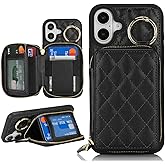 Hamany for iPhone 16 Case Wallet with Card Holder,for iPhone 16 Phone case Wallet with Zipper with Slot Kickstand Stand for Women and Man Case for 5G 6.1 Inch -Black