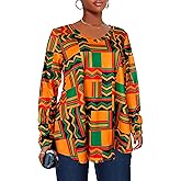 Afibi Dressy Shirts for Women African Dashiki Long Sleeve V Neck Loose Tunic Tops