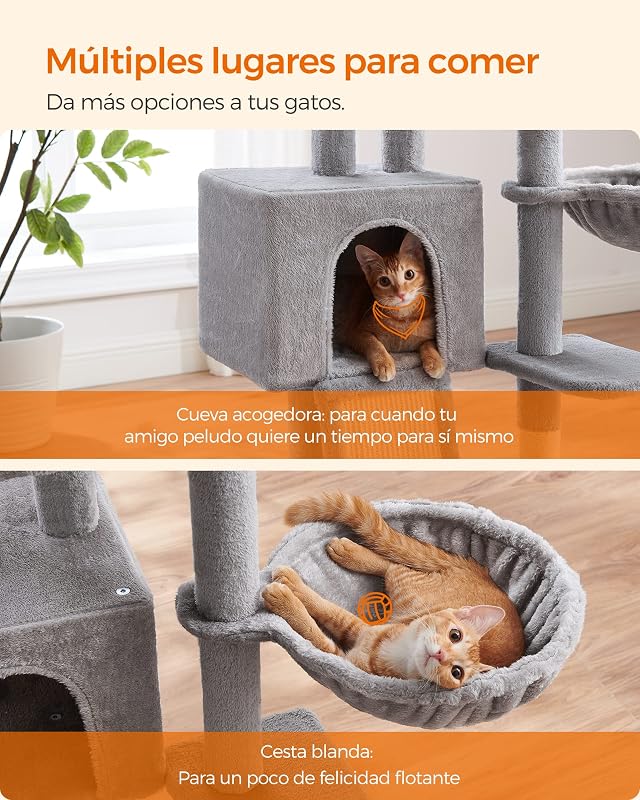 Pequena árvore para gatos, 135 cm, condomínio de peluche de vários níveis, com cobertura de plataforma removível e lavável, costas para arranhar, cesto, caverna, cinzento claro