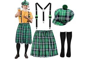 Pasimy St Patrick's Day Costumes Kit Include Adult Irish Plaid Green Kilt Suspenders with Cups Hat Sock for Men Women