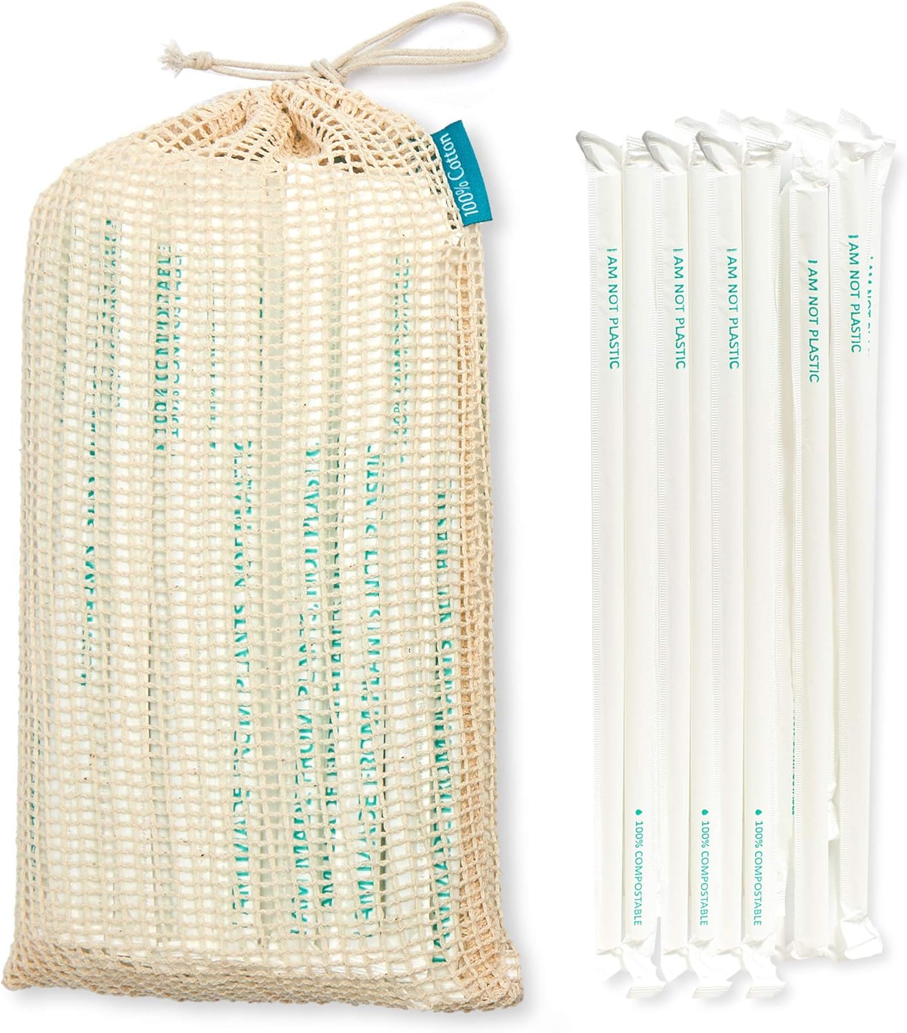 Iamgreener Biodegradable Plasticless Drinking Straws with Reusable Organic Cotton Bag - 200 Pack Individually Wrapped Eco Friendly Straws Plant-Based Compostable Pla Straws bulk