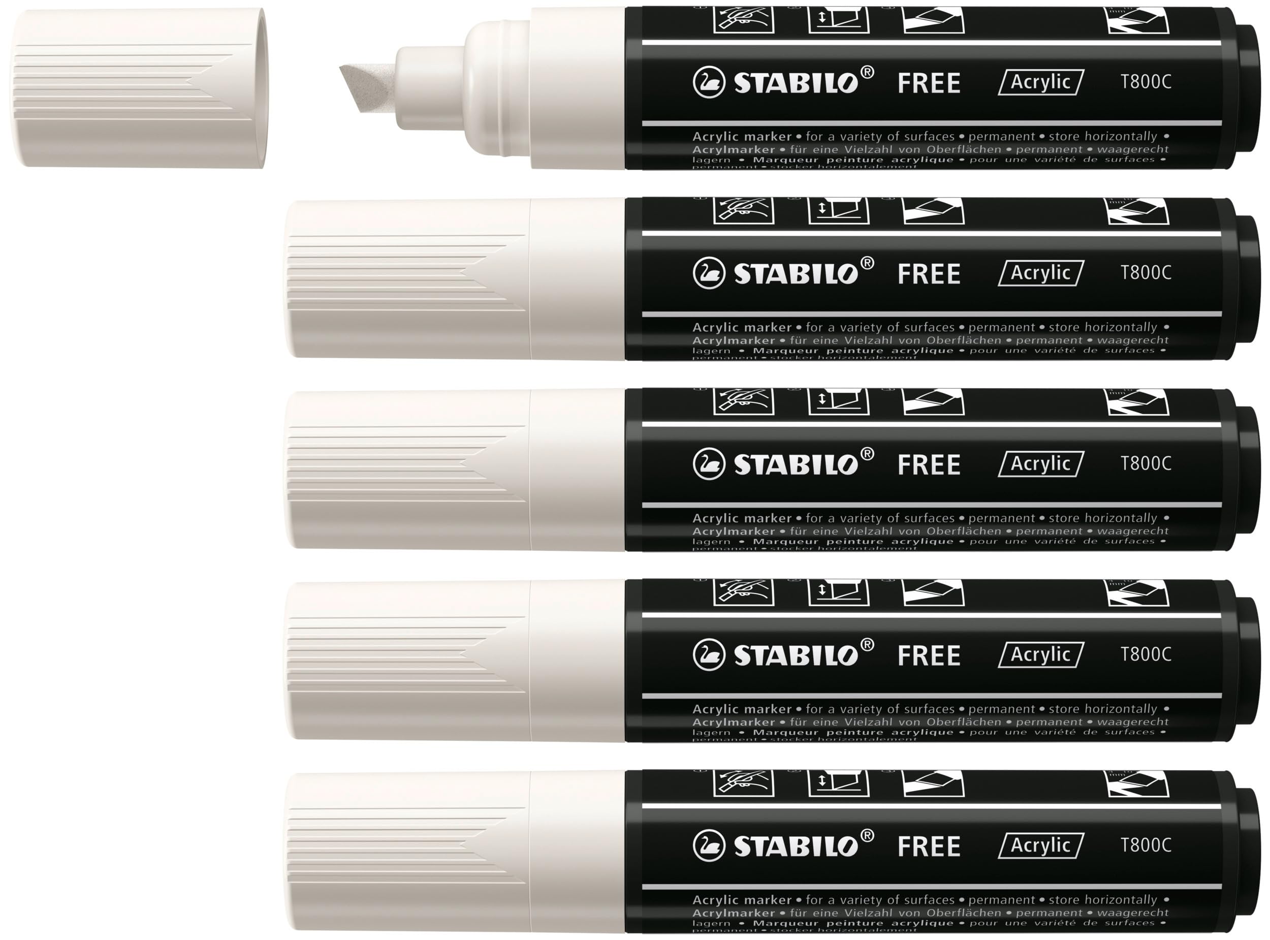 STABILO FREE - Acrylic Marker - ARTY - T800C Chisel Tip 4-10mm - Pack of 5 - Pure White