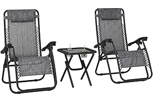 Outsunny Zero Gravity Chair Set of 2 with Side Table, Folding Lounge Chair with Cup Holders and Pillows, Outdoor Recliner Set