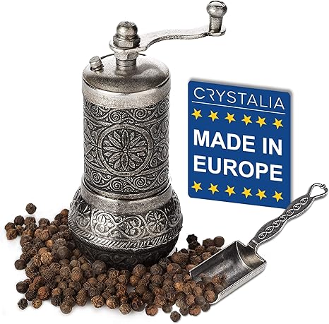 Amazon Com Decorative Black Pepper Grinder Refillable Turkish Spice Mill With Adjustable Coarseness Manual Pepper Mill With Handle Spice Grinder Metal With Hand Crank Dark Silver Kitchen Dining