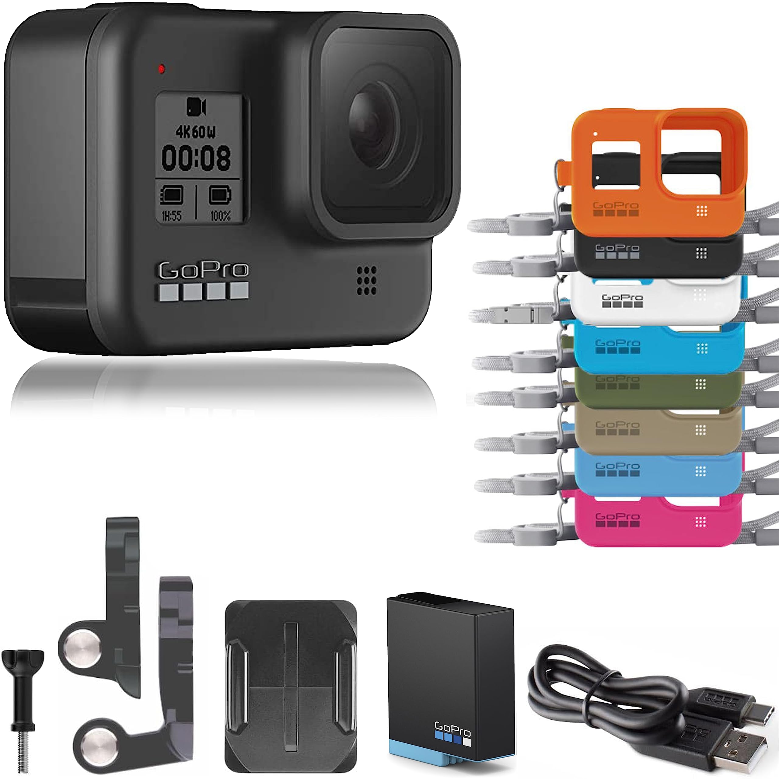 GoPro HERO8 Black + Cordón - Embalaje de comercio electrónico - Cámara de acción digital resistente al agua con pantalla táctil Vídeo 4K HD Fotos de 12 MP Estabilización de transmisión en vivo