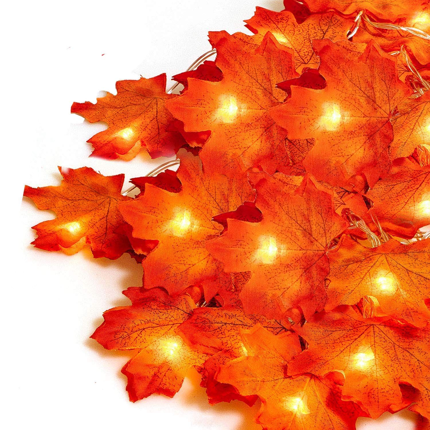 GrassVillage 20 LED Maple Leaves Fairy Lights - 2M / 6.8 Feet - Fall Garland, Harvest Autumn Decoration Lights 2 AA Battery Operated Perfect for Parties/Halloween/Thanksgiving/Xmas OR Any Occasion