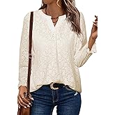 Simplee Womens Eyelet Dressy Blouses Tops Lace Casual Long Sleeve Hollow Out V Neck Fall Spring Boho Shirts