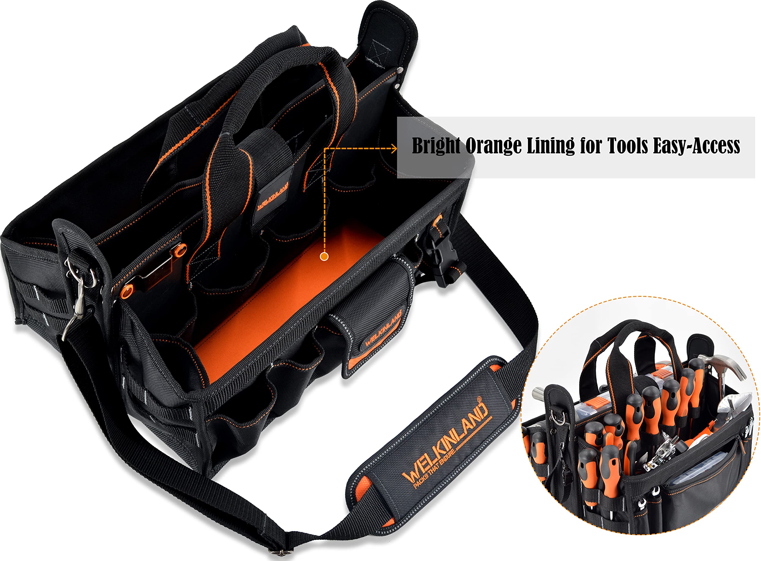 WELKINLAND 19-POCKETS Tool tote, HVAC tool bags organizer, Heavy-Duty electrician tools bag, Tool tote bag w/socket organizer tool boxes, Stay-Up maintenance tools bags