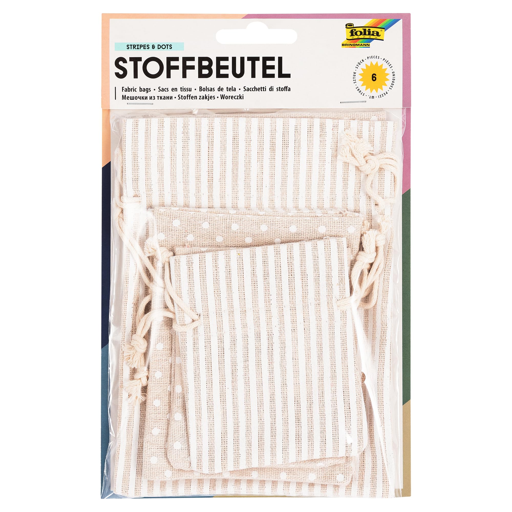 folia 64102 - Fabric Bags with Printed Motif, Set of 6, Made of Cotton/Polyester, in 3 Different Sizes, Ideal for Gifting or Storing Small Items