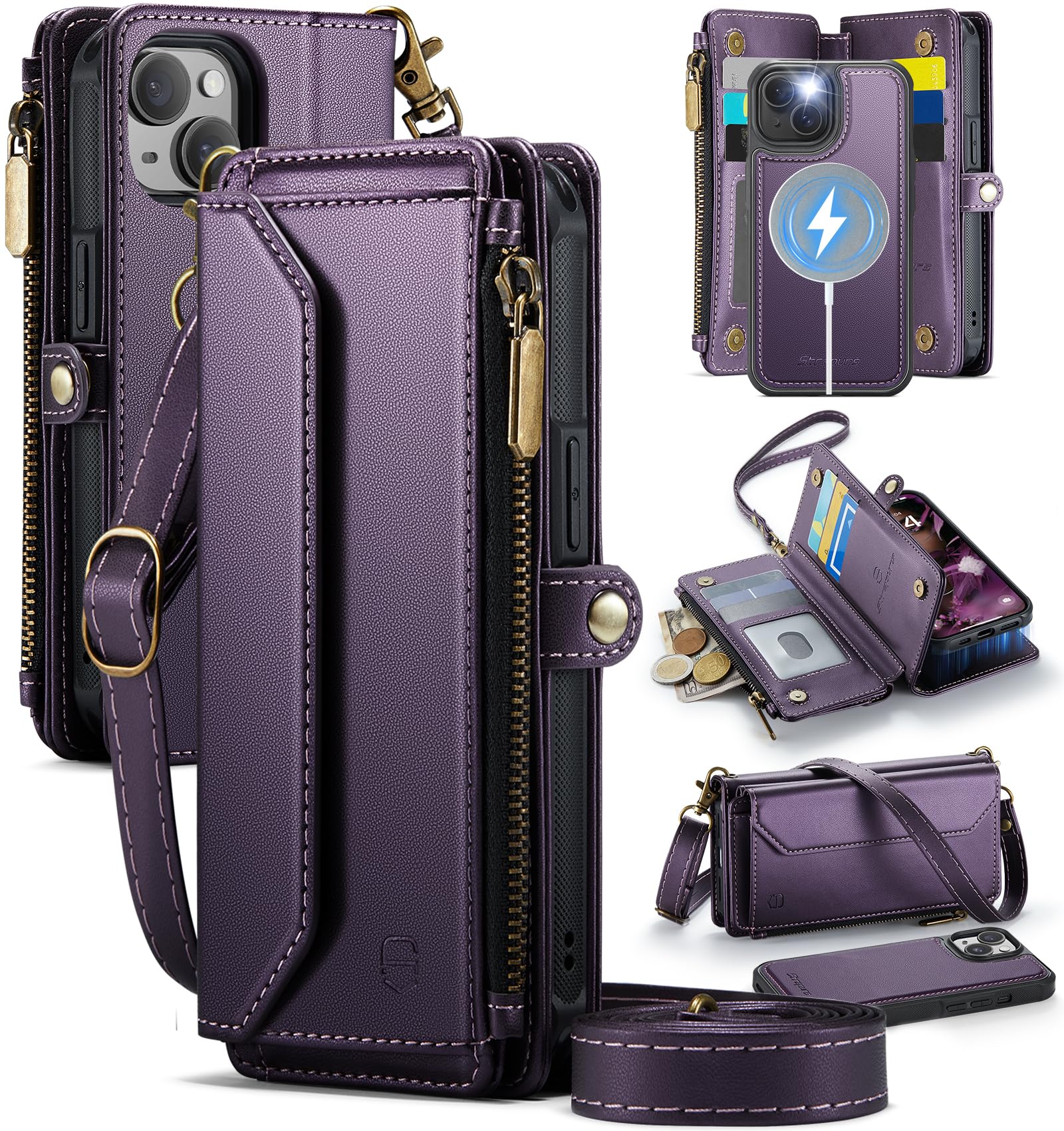 Strapurs for iPhone 13 Detachable Wallet Case Compatible with Magsafe for Women, RFID Blocking 9-Card Holder Zipper Wrist Strap Lanyard PU Leather Magnetic Phone Case for iPhone 13 6.1", Purple