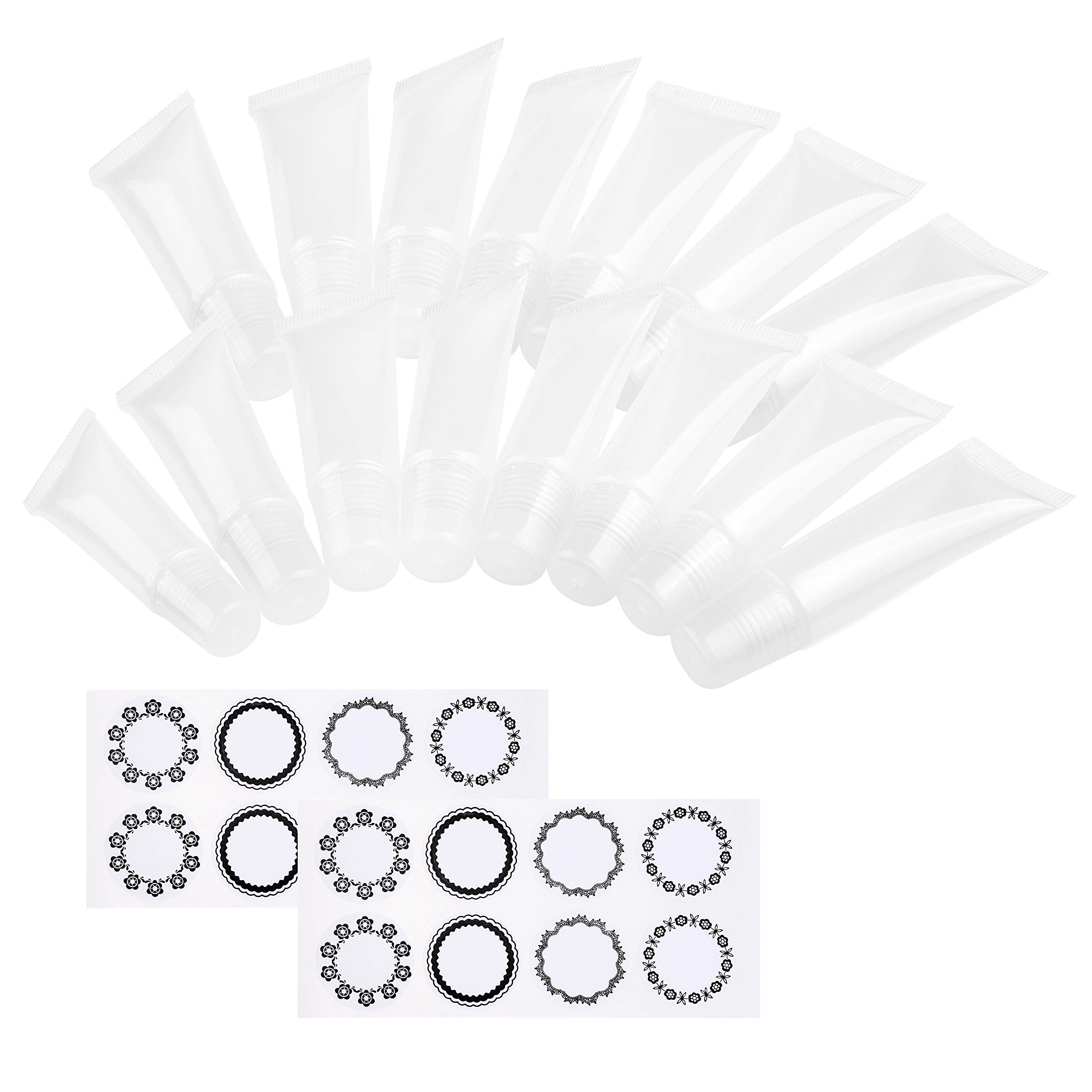 Kare & Kind 15-Pack, 8ml Clear Empty Soft Lip Gloss Tubes - Refillable Container Bottles for Cosmetics, Skincare, Travel, Hiking - 32 Sticker Labels Included