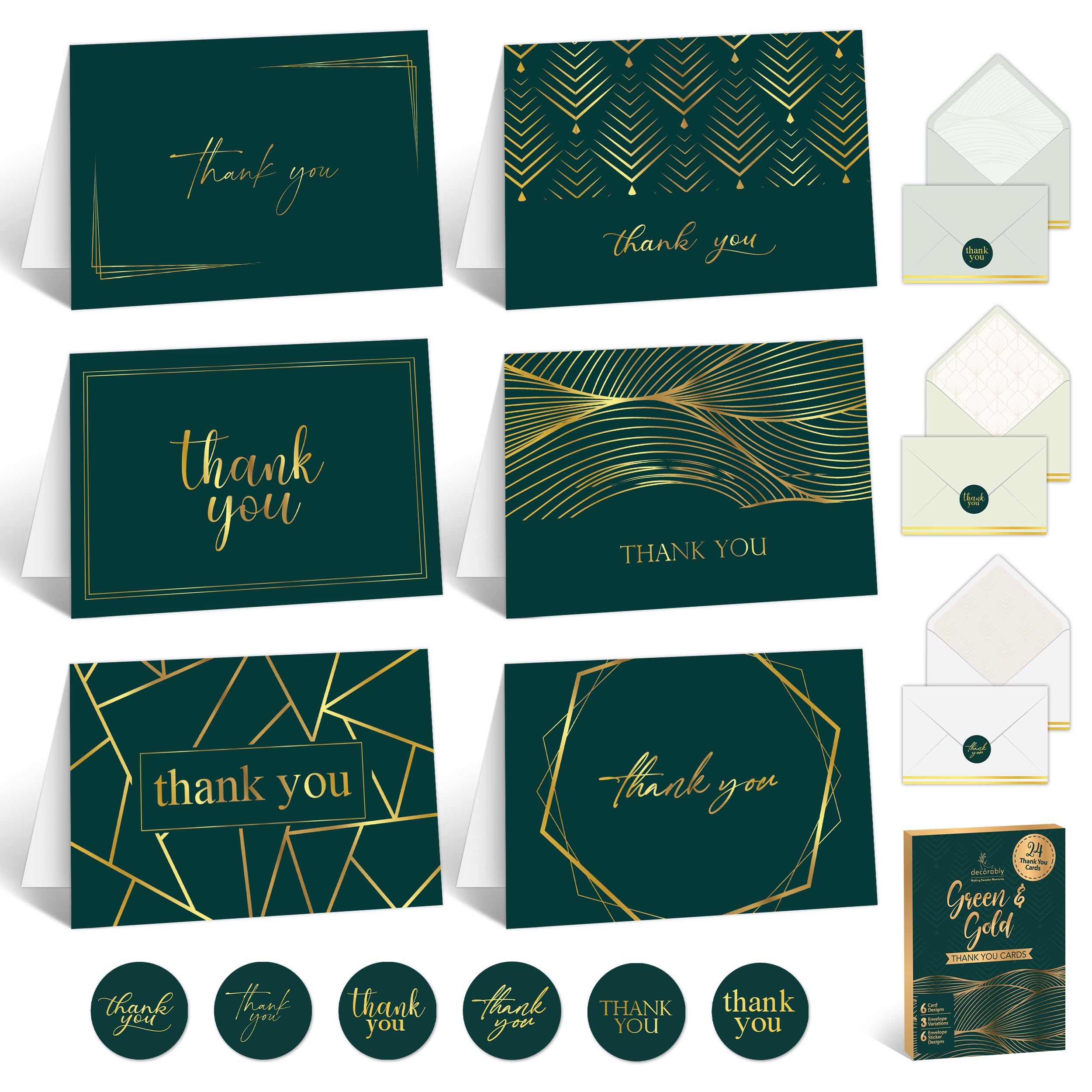 Decorably 24 Pack Gold-Foiled 6x4in Green Thank You Cards with Envelopes and Stickers, 6 Elegant Designs Green and Gold Thank You Cards Multipack, Blank Inside - Wedding, Holidays, Baby Shower