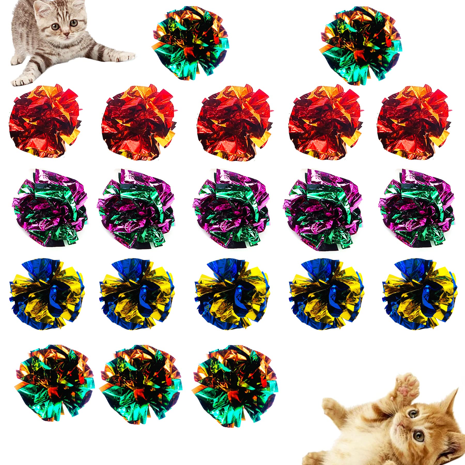 BIPY 20PCS Crinkle Balls Cat Toy Shiny Mylar Crinkle Cats Toys Ball Colorful Indoor Kitten Interactive Catch Chase Chew Foil Balls Toy for Kittens Pets Play Exercise Ball Supplies Random Color (5-6cm)