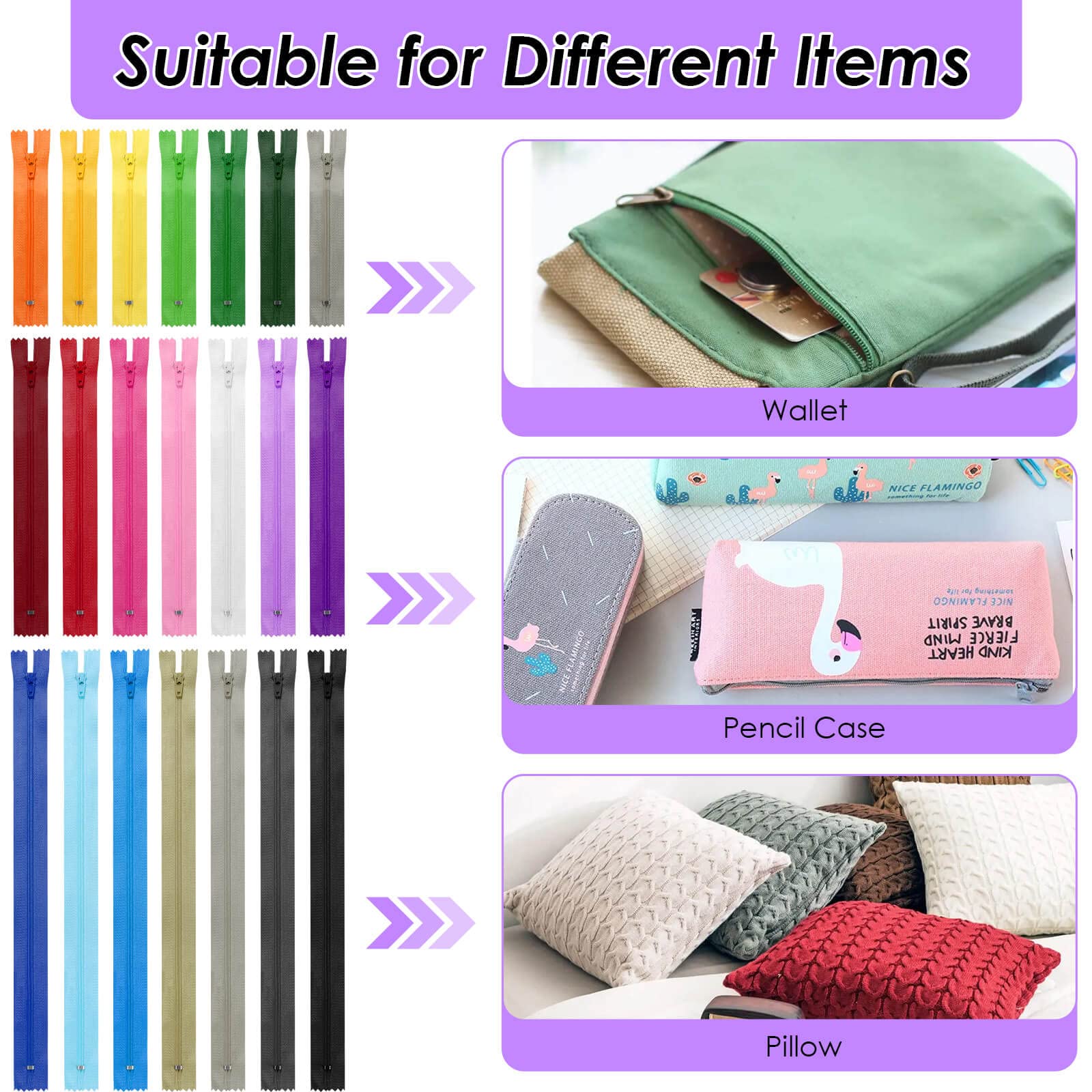 Nylon Zippers in Assorted Lengths and Colors - Bulk Zippers for Making Bags, Pouches, Pillow Covers & Sewing Crafts Projects