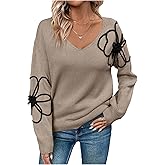 Verdusa Women's Floral Embroidery Pullover Sweaters Streetwear Drop Shoulder Knit Tops