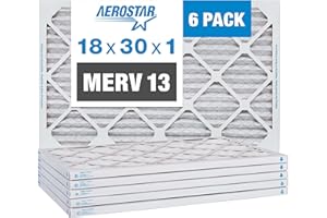 Aerostar 18x30x1 MERV 13 Pleated Air Filter, AC Furnace Air Filter, 6 Pack (Actual Size: 17 3/4" x 29 3/4" x 3/4")