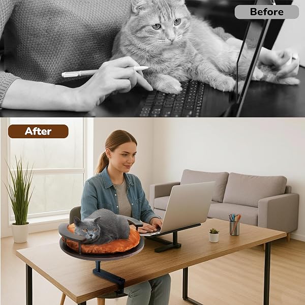 PURRHOUSE UP TO 45LBS CAT DESK BED – 360° ROTATION & ADJUSTABLE HEIGHT, PET PERCH FOR DESKS WITH WASHABLE CUSHION, DESK CAT BED ATTACHMENT FOR VARIOUS TABLES (WOOD_BROWN CUSHION)