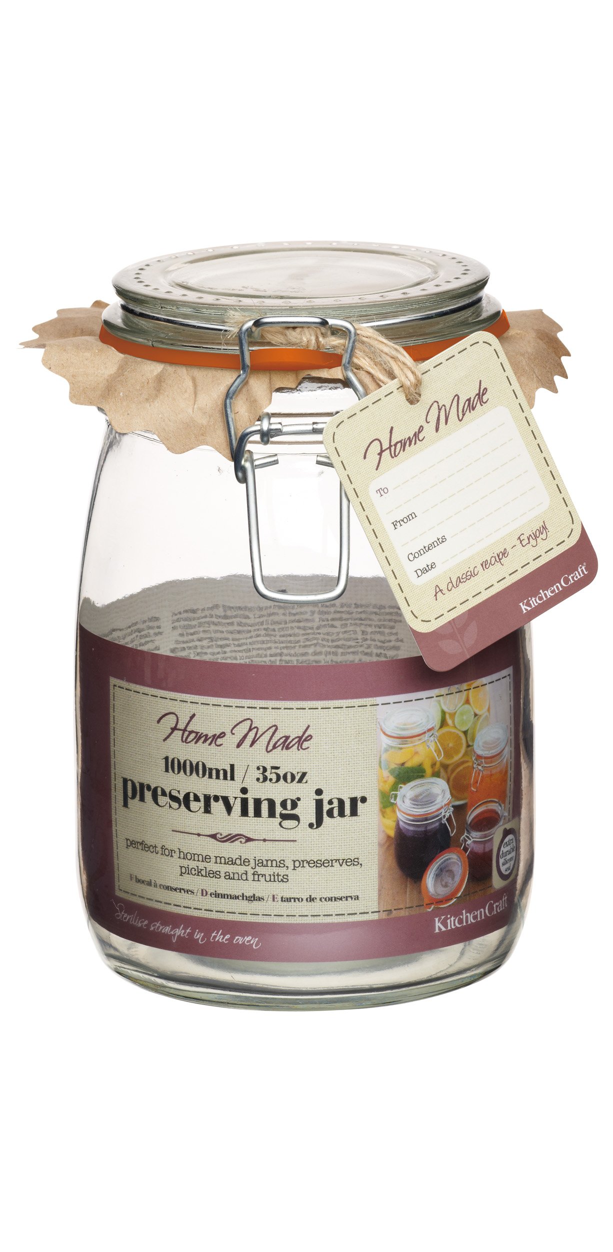 KitchenCraft Home Made Clip Top Glass Preserving Jar, 1L Jam Jar with Airtight Metal Clip Lid, Clear Glass Jar for use with Jams, Honey, Pickles, Overnight Oats