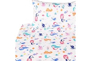 J-pinno Mermaid Fish Turtle Happy Playing Cute Twin 100% Cotton 3 Pieces Sheet Set for Kids Girls Children, Flat Sheet + Fitted Sheet + Pillowcase Bedding Decoration Gift Set