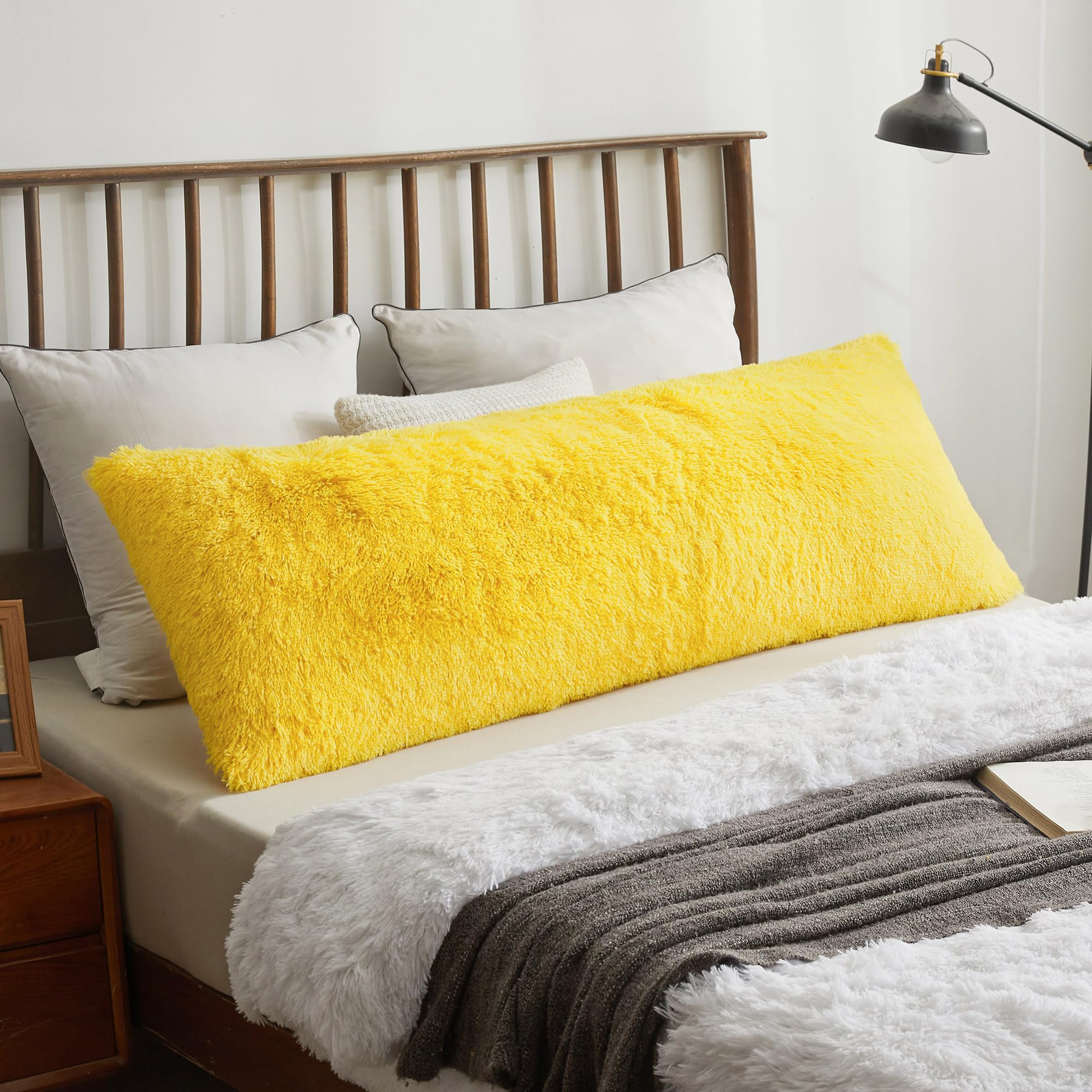 XeGe Long Fluffy Bolster Pillowcase, Faux Fur Body Pillow Cover with Zipper Closure, Plush Furry Standard Bolster Pillow Case for Pregnant Maternity Women Side Sleeper, 4.6ft, Yellow