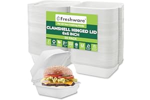 Freshware Compostable Clamshell Food Containers [6x6" 50-Pack], Biodegradable Sugarcane To Go Boxes - Heavy Duty Paper Containers - Microwave & Freezer Safe, Stackable