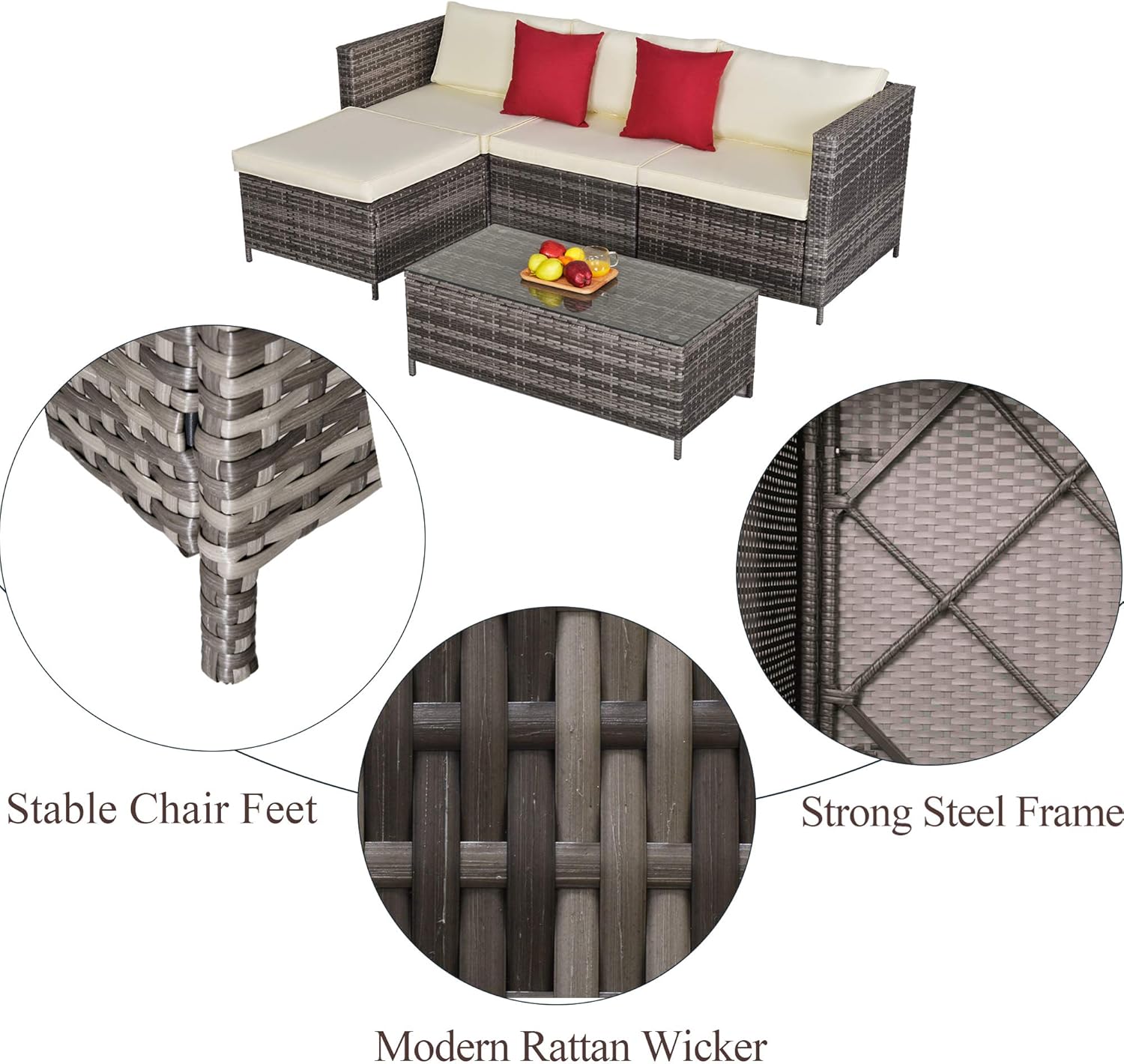 5 Pieces Outdoor Patio Furniture Set, All-Weather Outdoor Small Sectional Patio Sofa Set, Wicker Rattan Patio Sofa Couch Conversation Set w/Ottoman, Cream White Washable Cushions, Grey: Garden & Outdoor