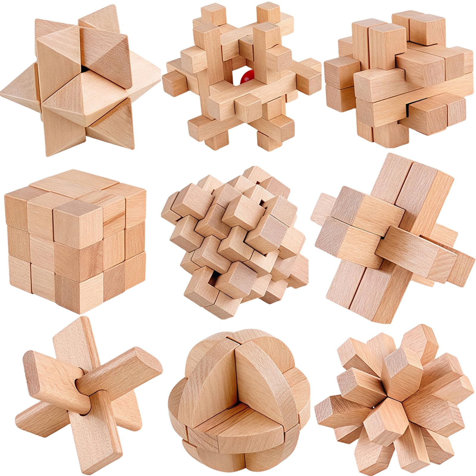 Holzsammlung 9pcs Wooden Brain Teaser Puzzles, Interlocking Games for IQ Test, Intellectual 3D Assembling Educational Toy Set for Teens and Adults (9 Puzzle Set#A01)