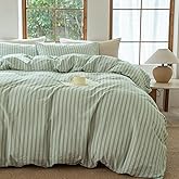 BESTDESIL Sage Green and White Striped Duvet Cover,100% Washed Cotton Breathable and Linen Like Bedding Set(Strip-Sage Green/White,Full)