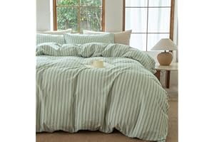 BESTDESIL Sage Green and White Striped Duvet Cover,100% Washed Cotton Breathable and Linen Like Bedding Set(Strip-Sage Green/White,Queen)