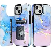 HAOPINSH for iPhone 15 Wallet Case with Card Holder, Pink Blue Marble Pattern Back Flip Folio PU Leather Kickstand Card Slots Case for Women Girls, Double Magnetic Clasp Shockproof Cover 6.1"