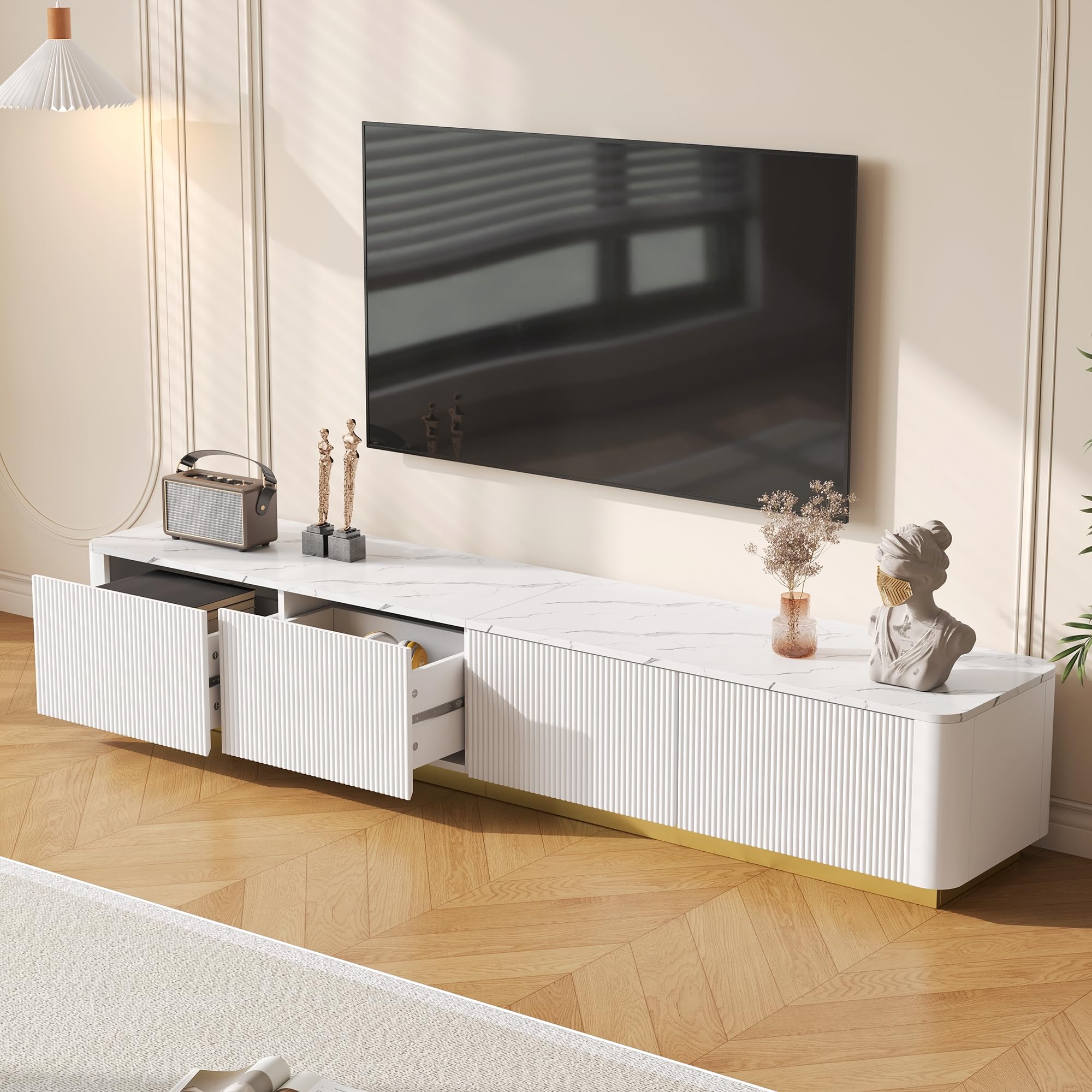 Photo 1 of *UNTESTED*
Ball & Cast Luxury Fluted TV Stand with 4 Drawers for TVs up to 85", Modern Media Console w/Faux Marble Tabletop and Gold Base, Curved Profile Design,Entertainment Center for Living Room,White