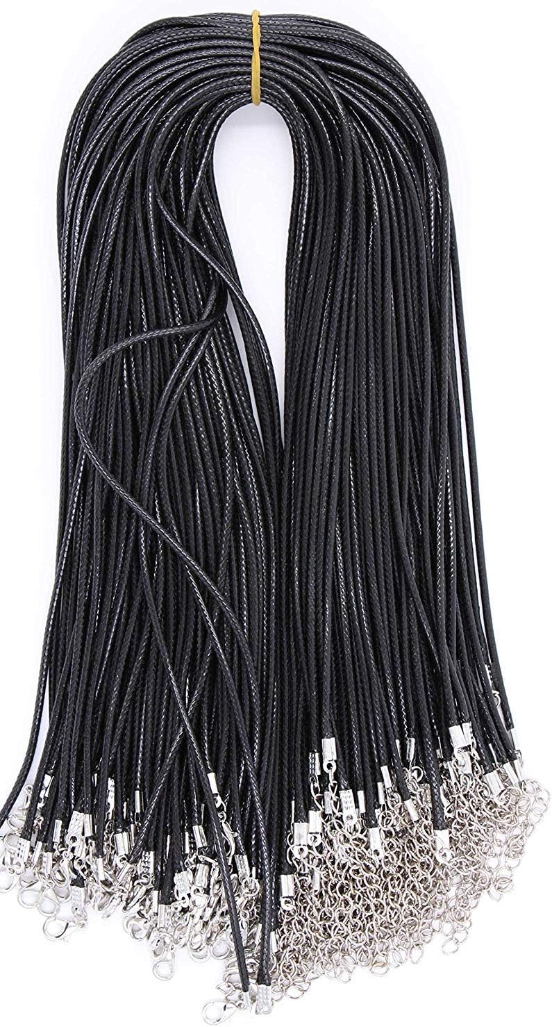 Waxed Necklace Cord - LeBeila 100 Wax Leather Cotton Braided Cords with Lobster Clasp and Silver Plated Chain for Jewelry Making, Necklaces, Bracelets, Crafts, Beads String (100PCS 2.0mm, Black)