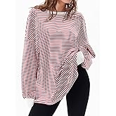 Tankaneo Womens Oversized Long Sleeve T Shirts Striped Color Block Cotton Tunic Tops Loose Fit Fall Crewneck Sweatshirt