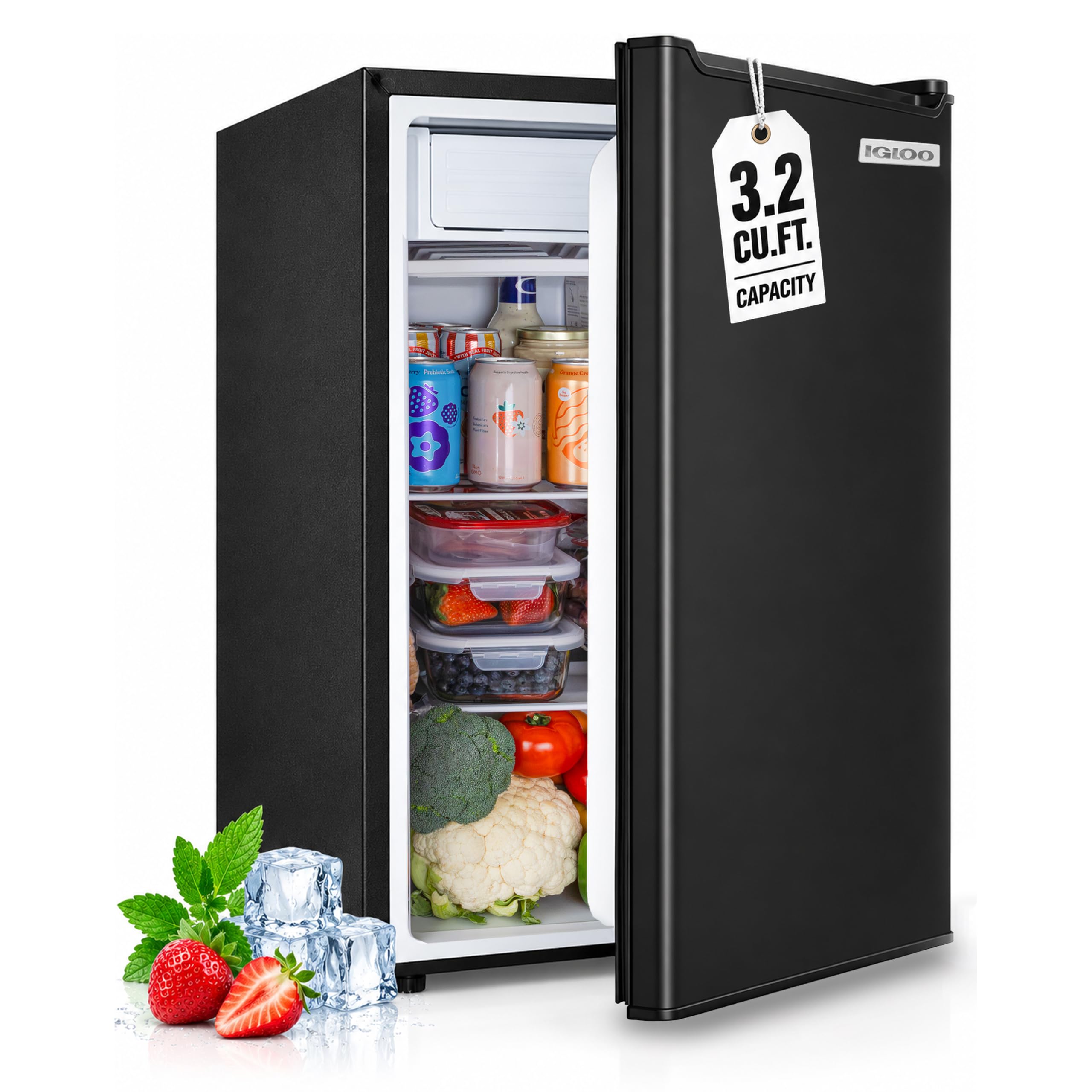 Igloo 3.2 Cu.Ft. Mini Fridge with Freezer - Single Door Compact Refrigerator with Glass Shelves for Homes, Dorms & Offices- Keep Snacks, Drinks & Frozen Foods Cool with Temperature Control Mini Fridge