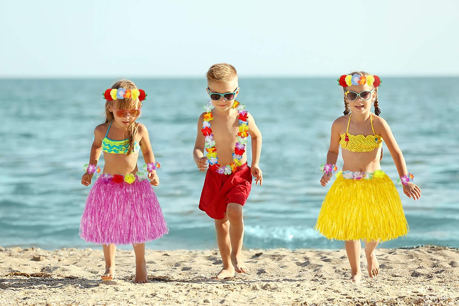 HONGXIN-SHOP Grass Skirt Colorful Dress in Hawaiian Dance Festival Vacation with Flower Bracelet Headband Necklace for Kid Women Lady Costume 4 Pack - Image 4